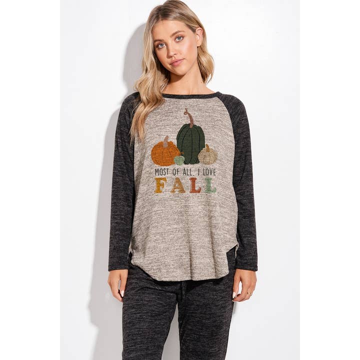 Fall pumpkin print color block raglan sleeve set for wholesale by Phil Love