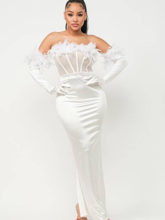 Feather Trim Maxi Dress for wholesale by Belita Collection