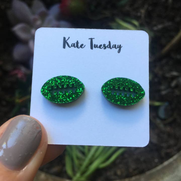 Kate Tuesday Jewelry – wholesale Stud/post earrings – Green Sparkly Football Stud Earrings