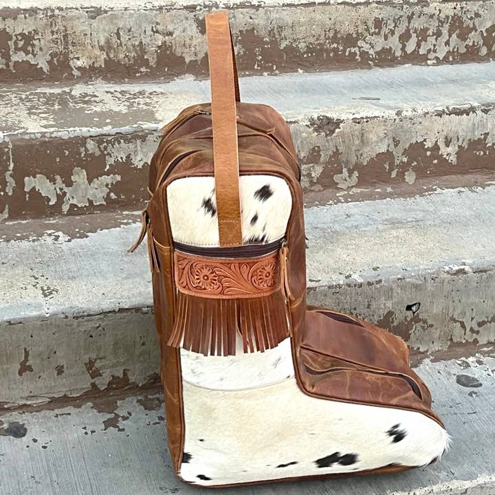Western Linens - Wholesale Shoe Bag - Women's - Tooled Rustic leather & Cowhide Boot Bag