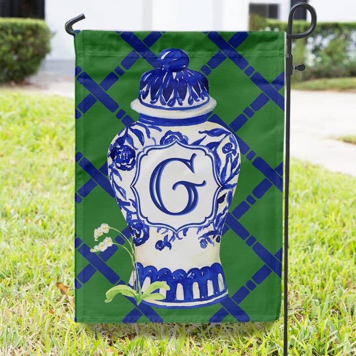 Personalized Monogram Initial Garden Flag, Blue Green Jar for wholesale by Boutique Monogram