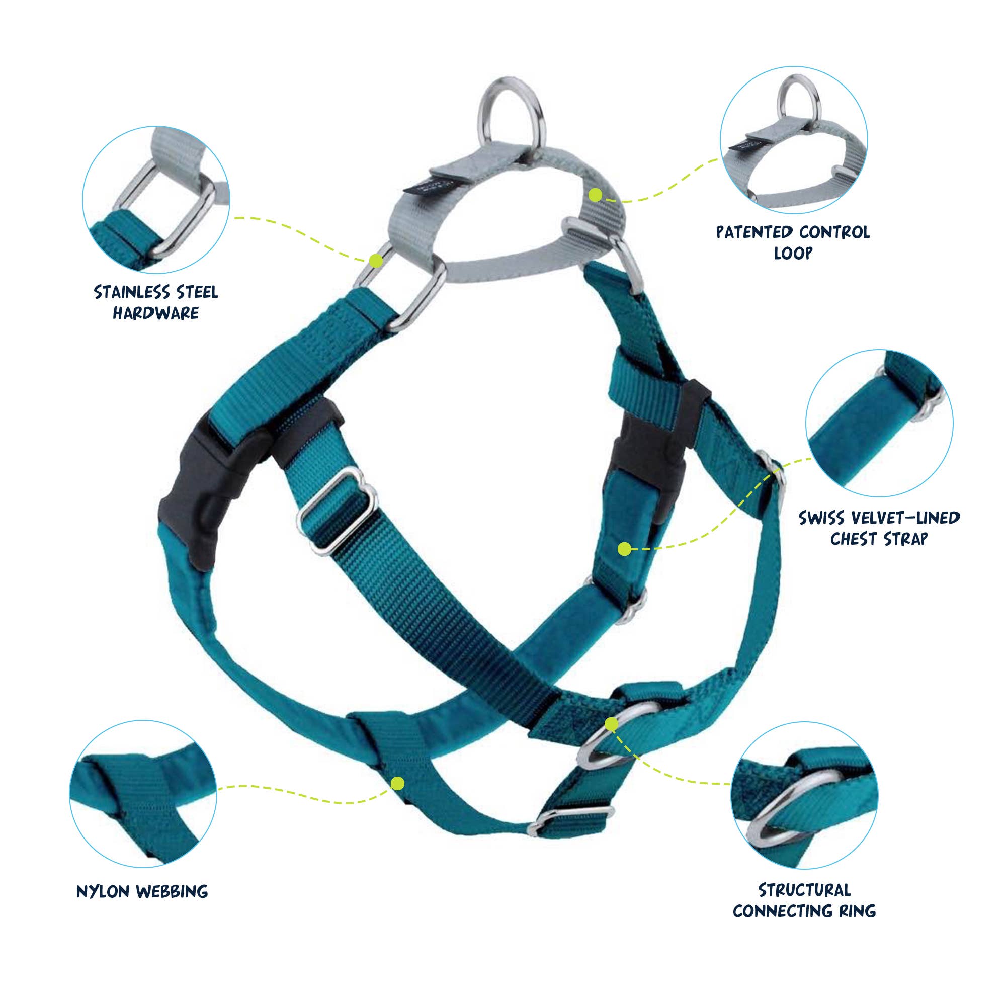 2 Hounds Design – Großhandel Haustiergeschirr – Hund – Teal Freedom No-Pull Hundegeschirr mit Leine1
