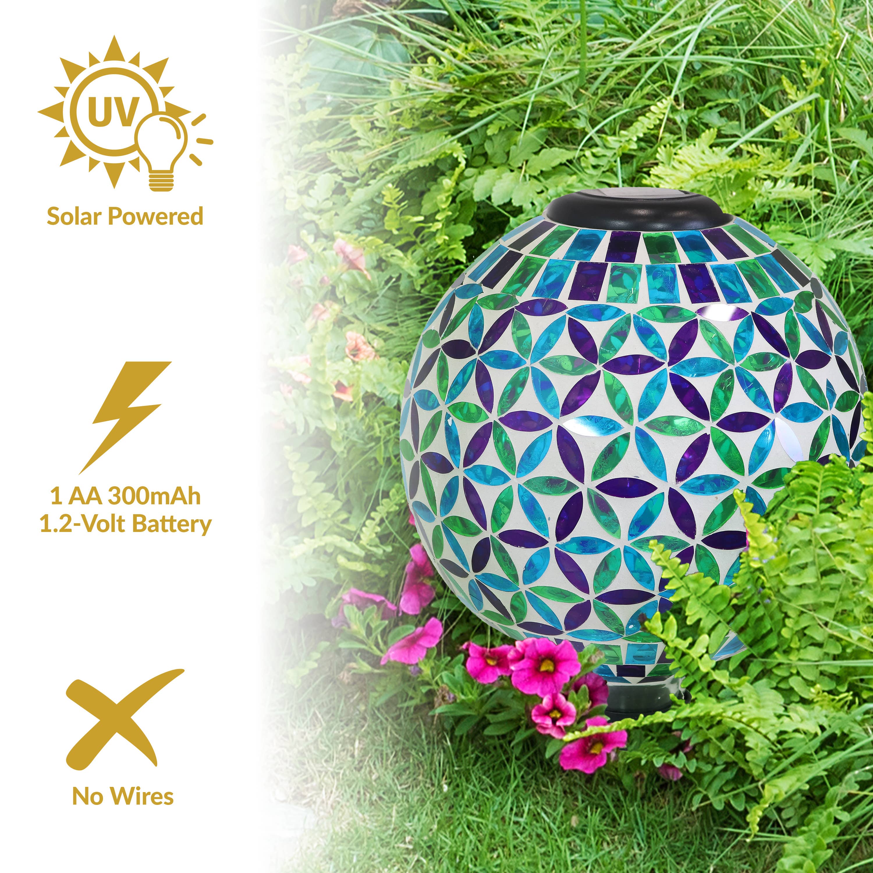 Sunnydaze Decor - Wholesale Outdoor Ornament/Decor - Cool Blooms Glass Gazing Ball with Solar Light - 10 in5