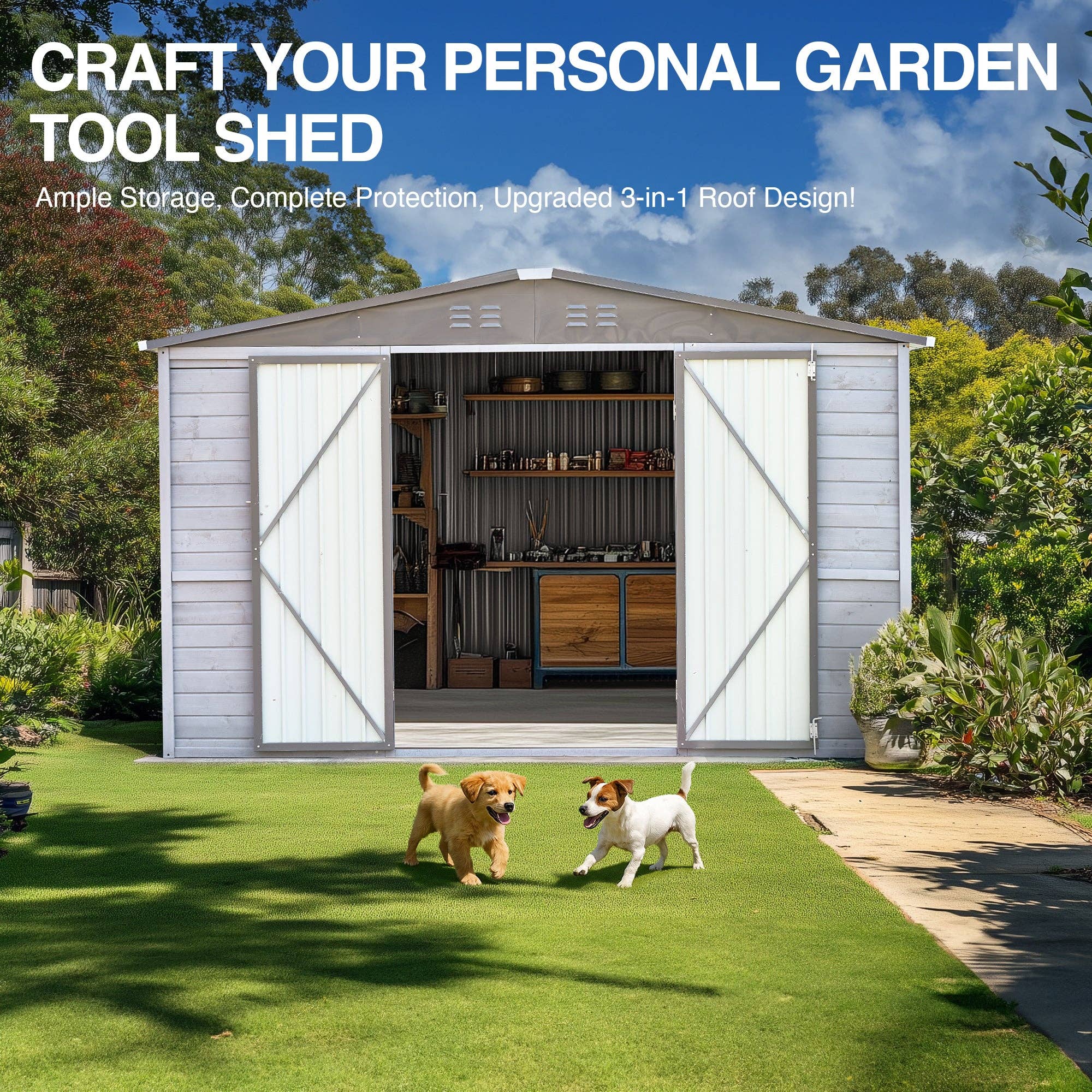 39F Inc. - Wholesale Outdoor Ornament/Decor - 8x10FT Iron-Wood Tool Shed, Gray, Waterproof & Ventilated1