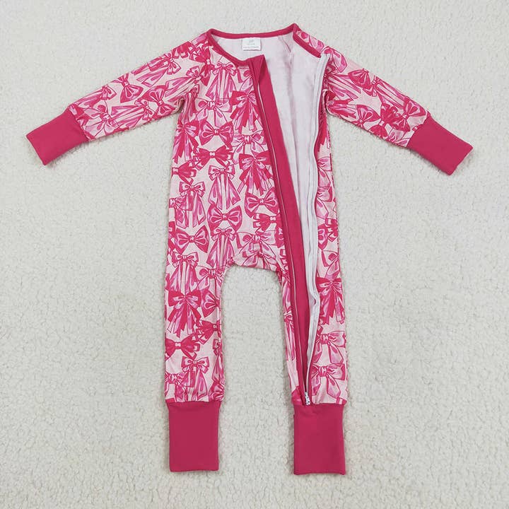 Aier Wholesale - Wholesale Sleepwear Set - Kids - Sibling Baby Girls Hot Pink Bows Plaid Pajams Sets Zipper Footie Rompers3