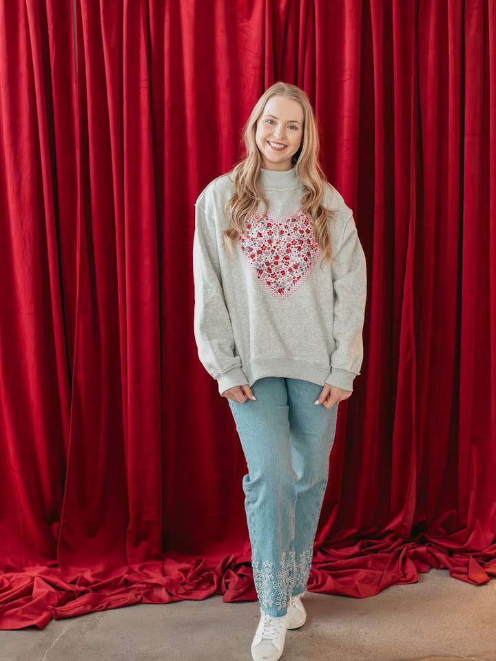 FLORAL/GINGHAM HEART | GREY VALENTINE'S DAY MOCKNECK for wholesale by h.flynn