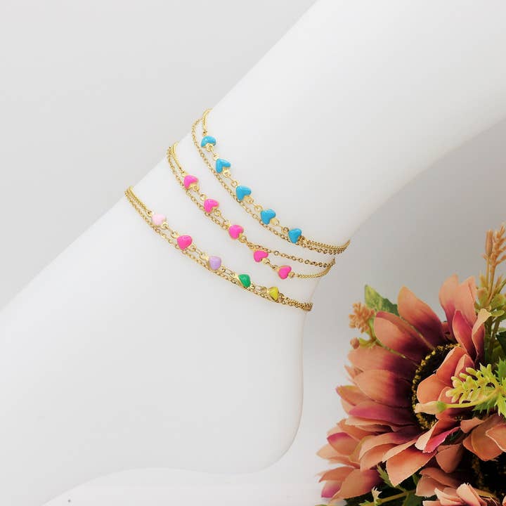 TAHITI ~ ACCIAIO INOSSIDABILE ~ Cavigliera con cuoricini smaltati for wholesale by Daemon srls