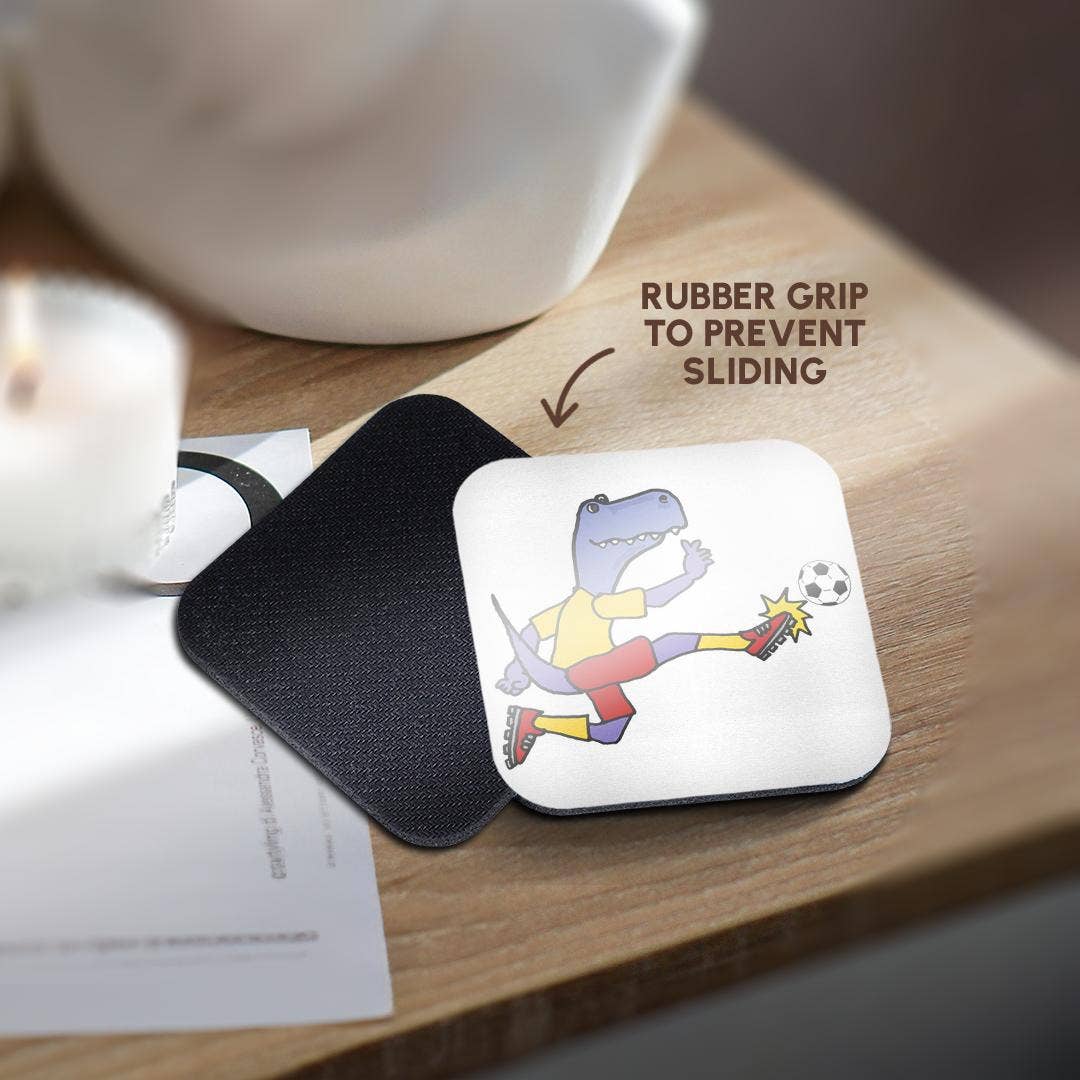 3dRose - Wholesale Coasters - 3dRose, Cute funny T-rex Dinosaur Playing Soccer Kicking Ball Cartoon Sports, Coaster10
