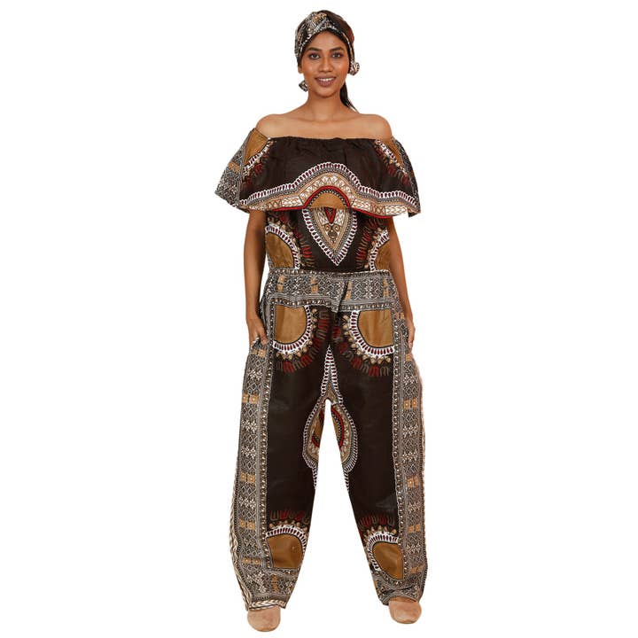 African Stars - Wholesale Jumpsuit - Women's - Women's Dashiki Off Shoulder Frill Jumpsuit -- FI-3061D2