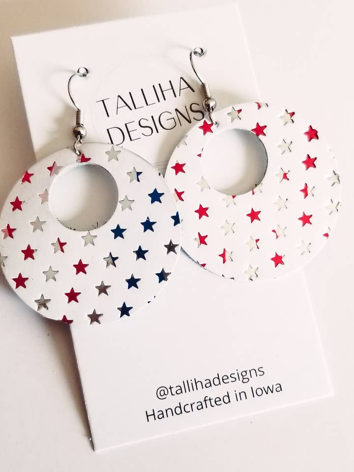 Patriotic Red White & Blue Genuine Leather Circle Earrings for wholesale by Talliha Designs