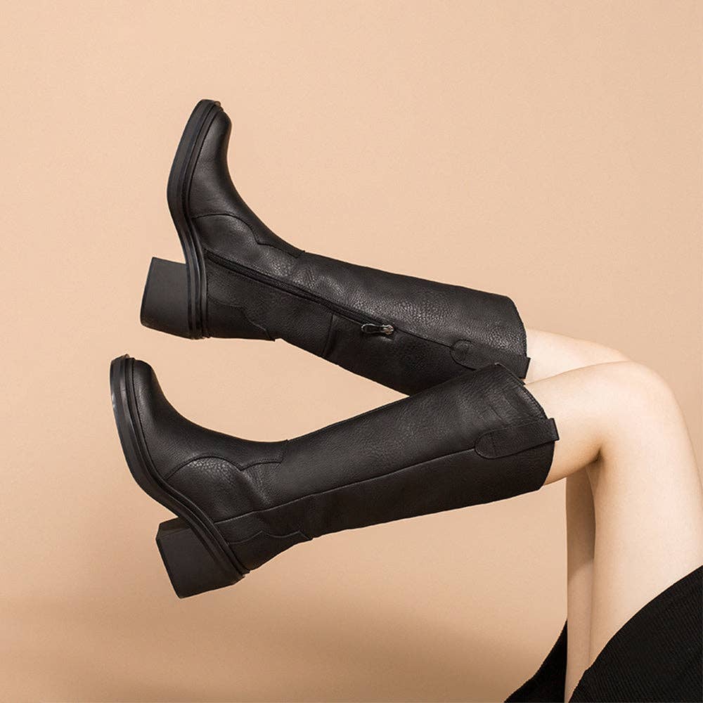 DWARVES - Vendita all'ingrosso Stivali da cowboy - Donna - Stivali al ginocchio in pelle, stivali da cowboy, stivali da equitazione retrò con tacco a blocchi, colore nero/rosso/caffè10