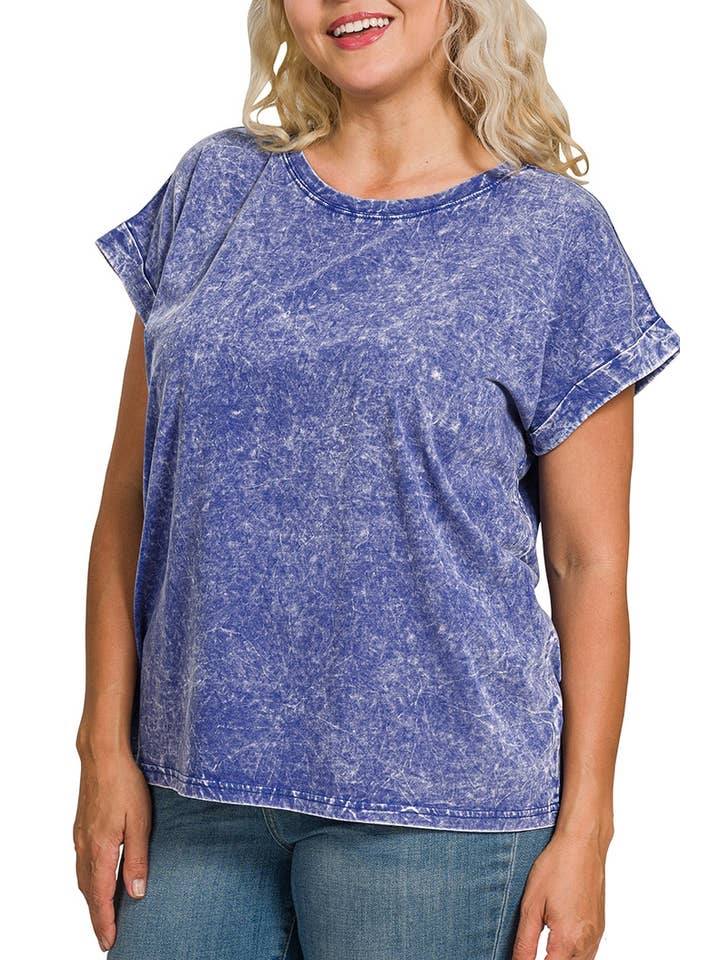 Vanilla Monkey - Wholesale Knit Top - Women's - Plus Crinkle Washed Round Neck Folded Short Sleeve Tee