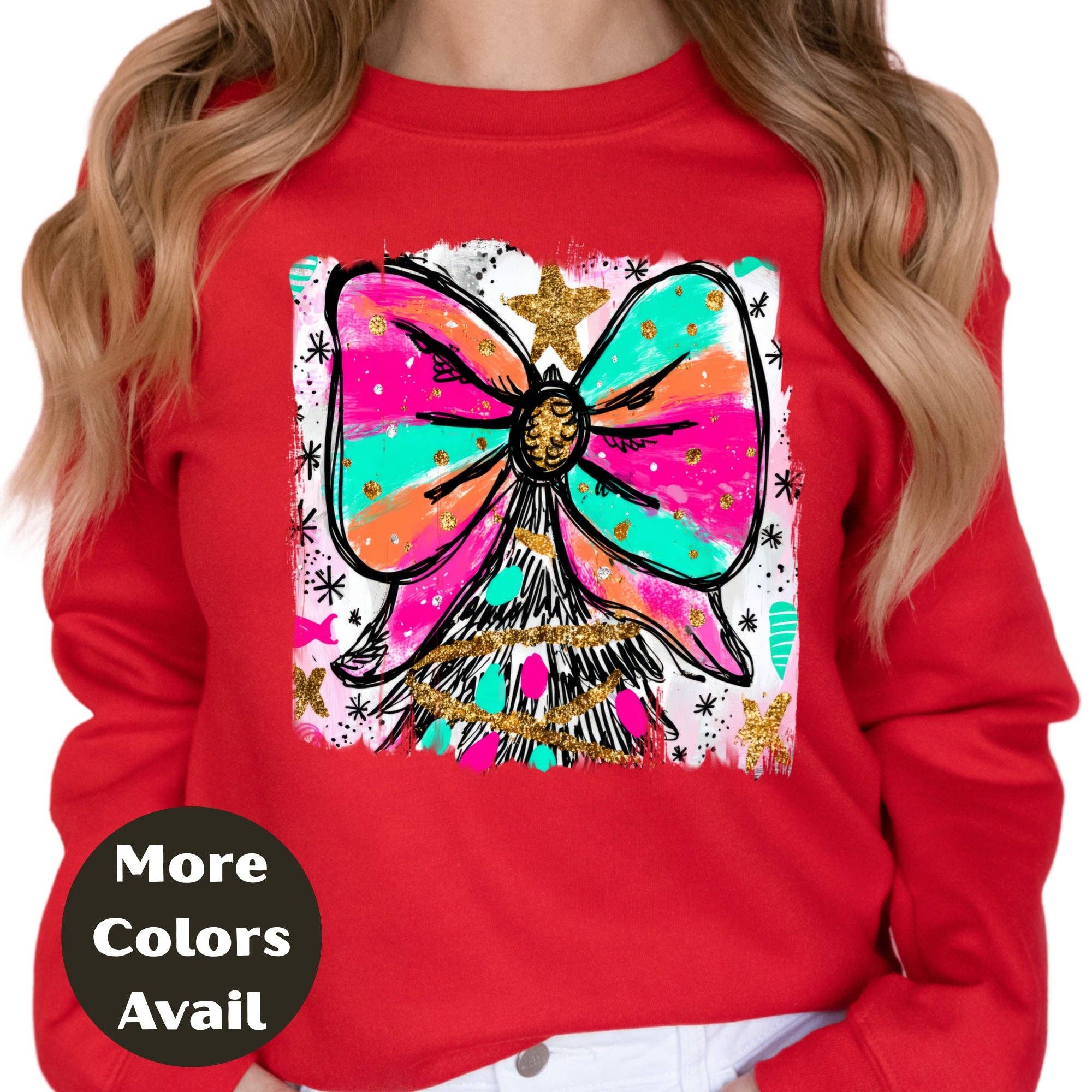 Epic Life  - Designed – wholesale Screen printed t-shirt – Women′s – Bright Bow Christmas Tree Shirt or Sweatshirt – Colorful Neon Holiday Top S-4XL Plus Size – Festive Christmas Tee2