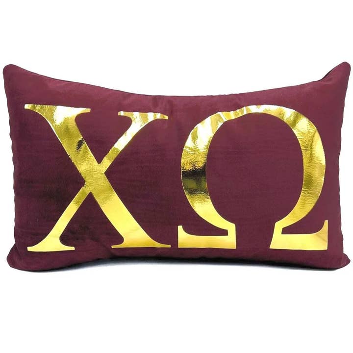 Vinröd Sammet Guld Folie Grekiska Bokstäver Sorority Kudde för wholesale av Rachel Brooks Design, LLC