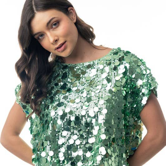 Top de punto con lentejuelas lisas de manga corta T25095 para venta al por mayor de White Birch