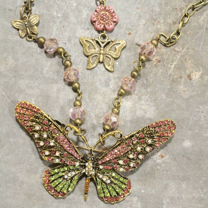 The Primitive Peddler, Inc. - Wholesale Pendant/Charm Necklace - Fly High Butterfly Bling Blushing Layered Necklace