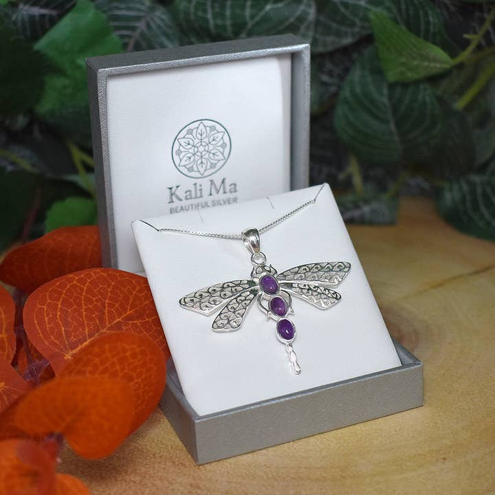 Anabelle amethyst dragonfly pendant for wholesale by Kali Ma Designs - Sterling Silver Jewellery