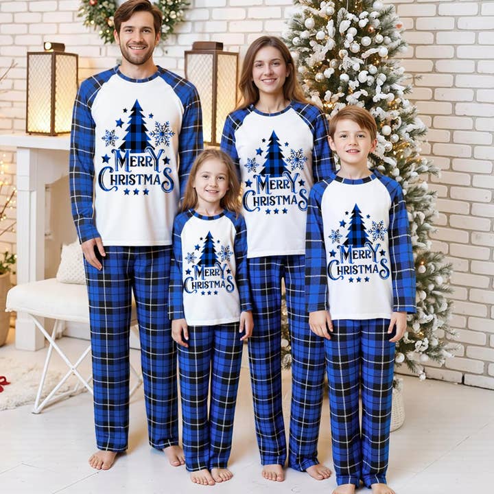 Blue Plaid Merry Christmas Family Matching Sleepwear Set for wholesale by PatPat Matching