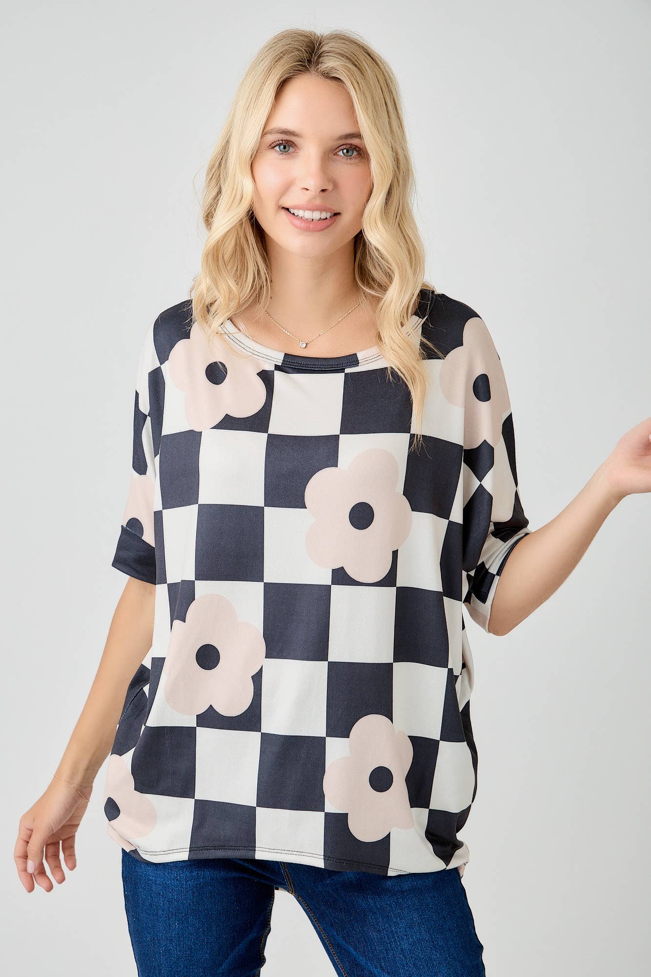 Celeste Clothing - Wholesale Tunic - Women's - WOMEN'S PLUS SIZE CHECKERED FLORAL TOP WITH HIGH-LOW HEM  
4
