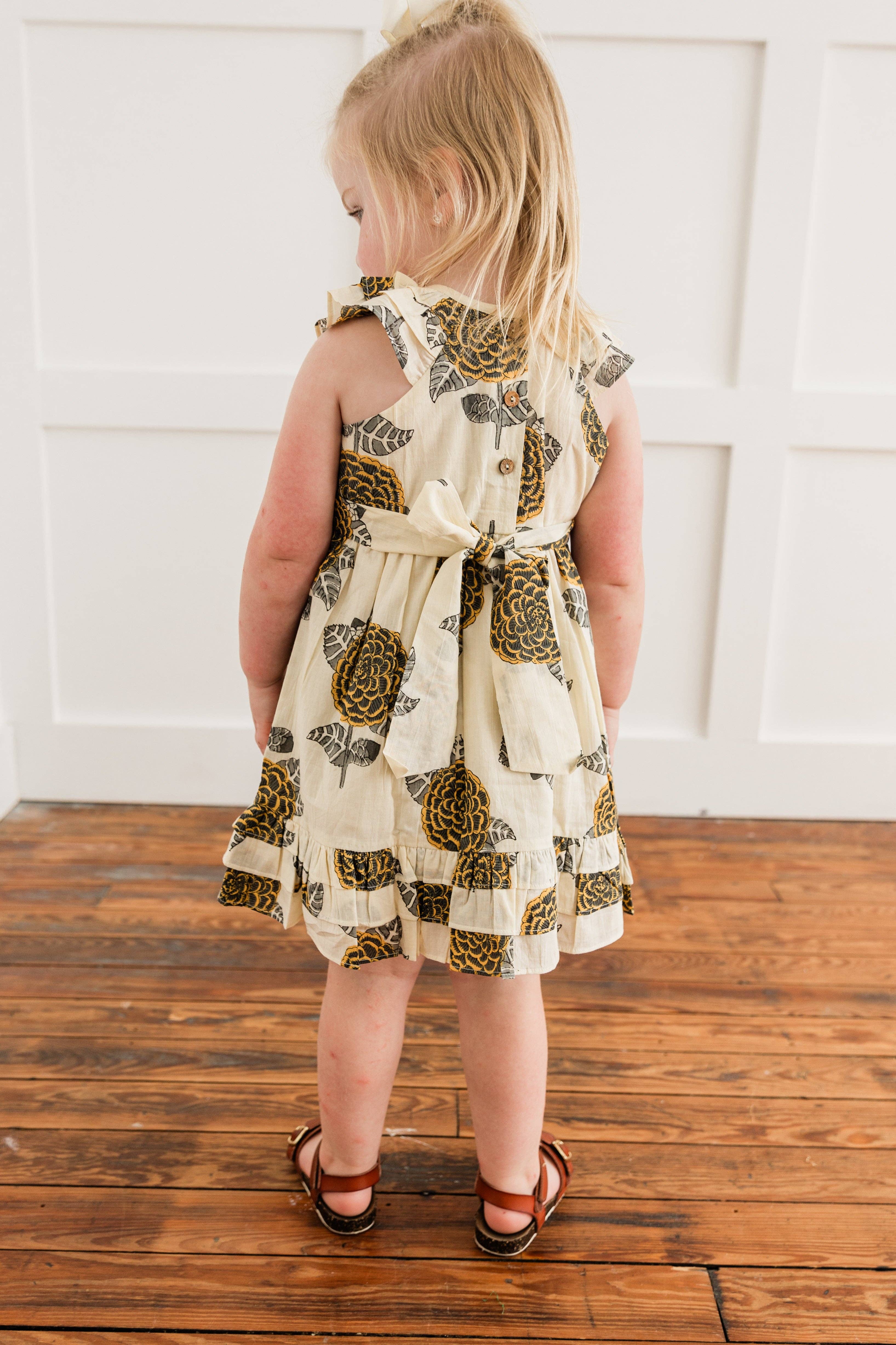 Yo Baby – wholesale Dress – Kids – Mustard & Grey Floral Print Sleeve & Bottom Ruffled Gathered Dress2