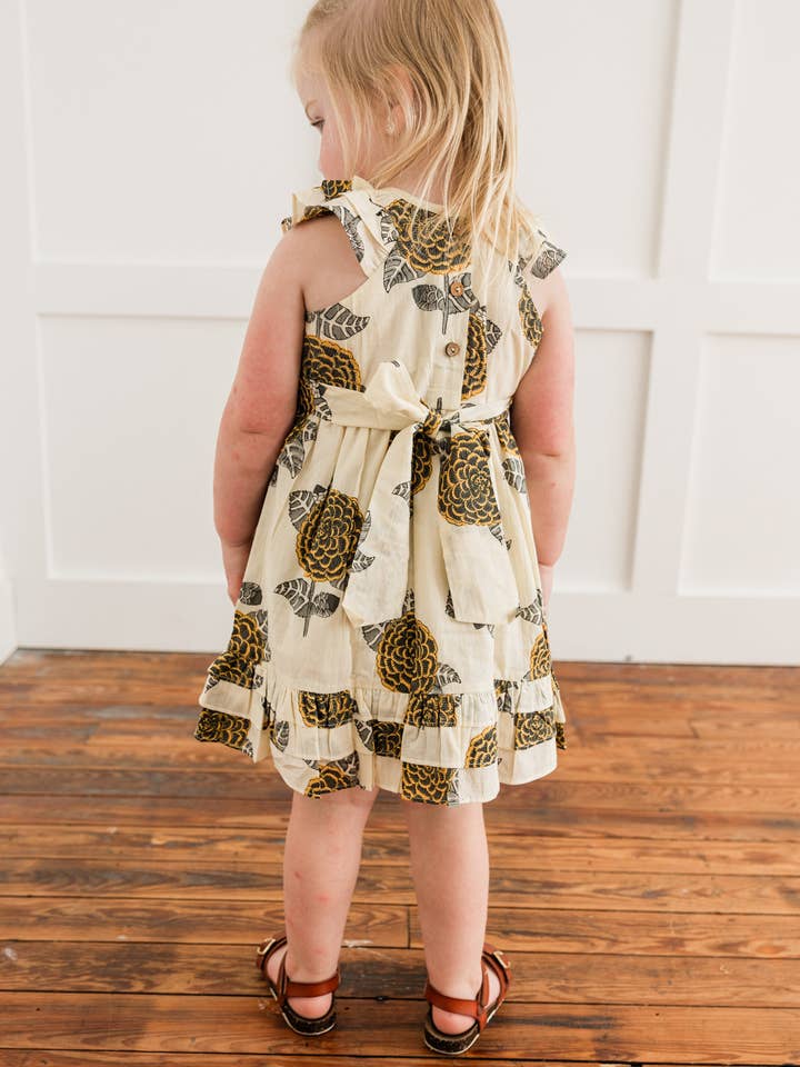 Yo Baby – wholesale Dress – Kids – Mustard & Grey Floral Print Sleeve & Bottom Ruffled Gathered Dress2