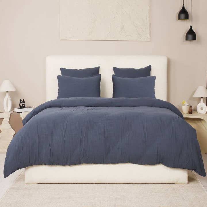 Juego de cama 240x260 cm Gasa de Algodón Lavado Azul Petróleo para venta al por mayor de Housse De Rêve