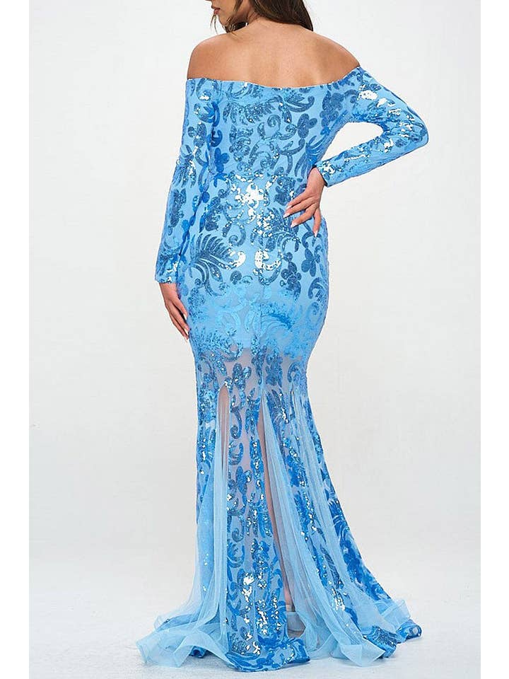 Blue OFF SHOULDER BODYCON SEQUINS MAXI GOWN DRESS for wholesale on Faire2