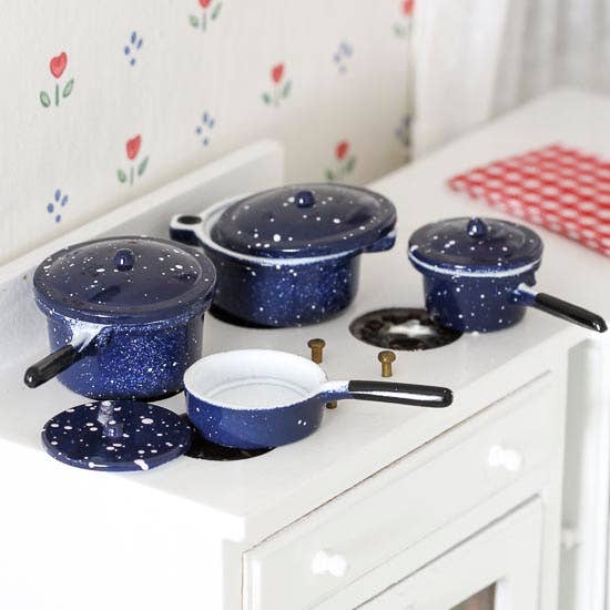 Factory Direct Craft - Wholesale Doll Accessory Kit - Kids - Dollhouse Miniature Blue Enamel Pots and Pans Set