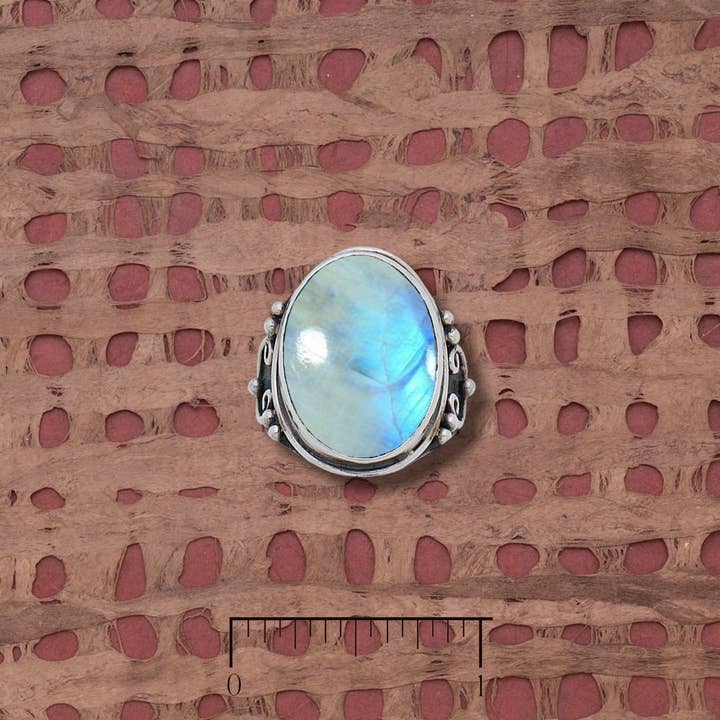 Oval Rainbow Moonstone Ring w/ Designed Bezel for wholesale by Tidepool