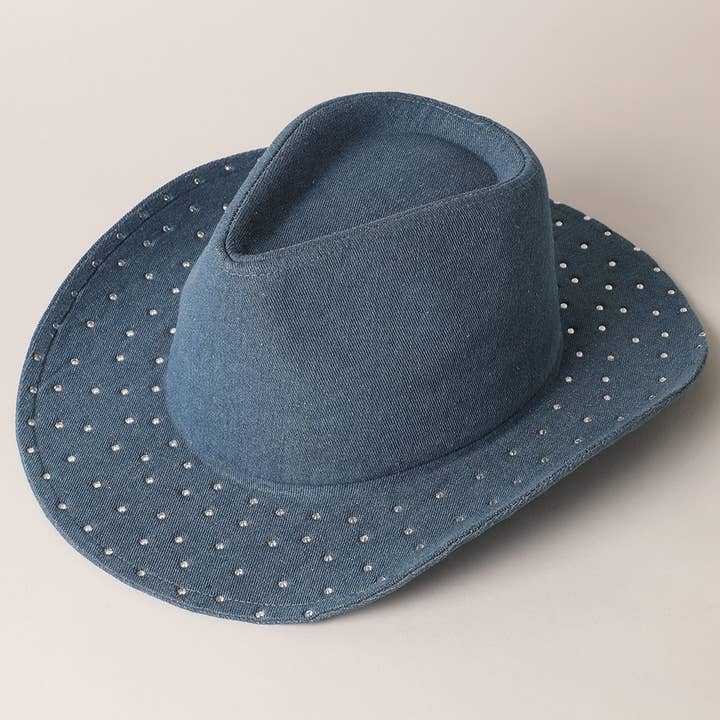 Fashion City - Wholesale Cowboy Hat - Women's - Cubic Embellished Denim Cowboy Hat