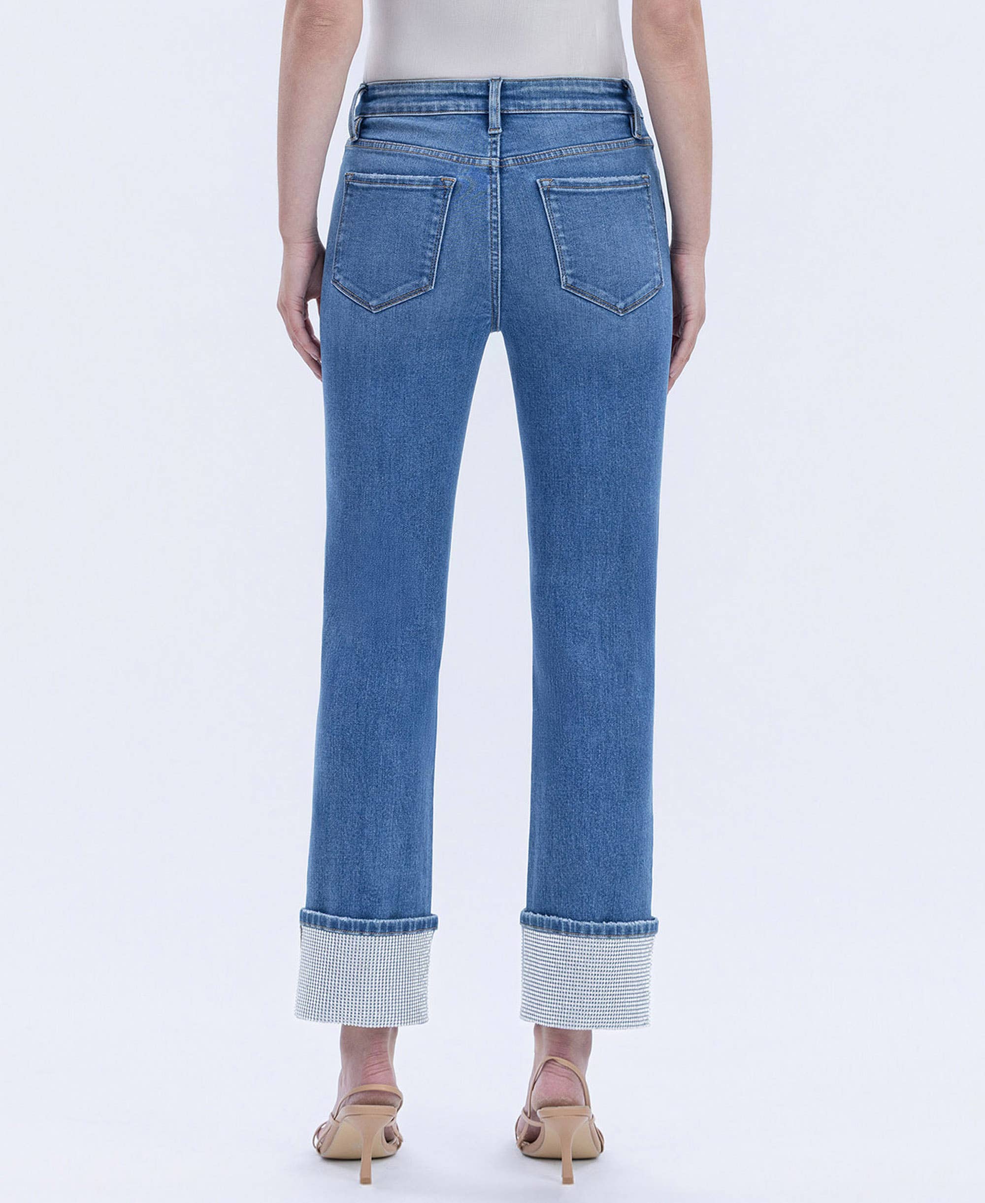 RADIANT DREAM HIGH RISE RHINESTONE CUFFED SLIM STRAIGHT JEANS T7004 for wholesale on Faire1