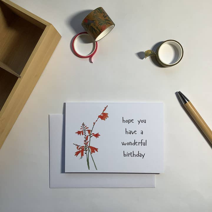 Minimalist botanical crocosmia birthday card for wholesale by Little Red Fox Designs
