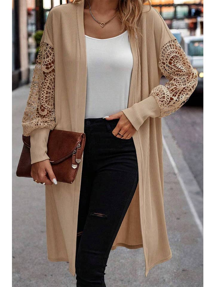 Parchment Lace Patchwork Ribbed Duster Cardigan for wholesale on Faire