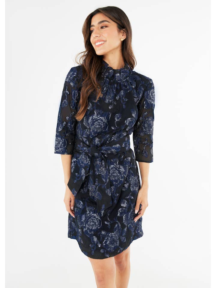 Abbey Glass - Wholesale Dress - Women's - Claudine Dress Navy Metallic Rose Organza