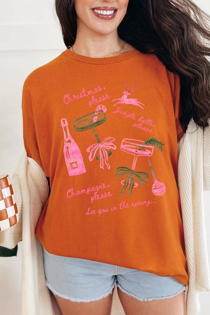 COLORBEAR – T-shirt gráfica - Mulher por atacado – T-shirt de Algodão Pesado com Gráfico de Champanhe de Natal5