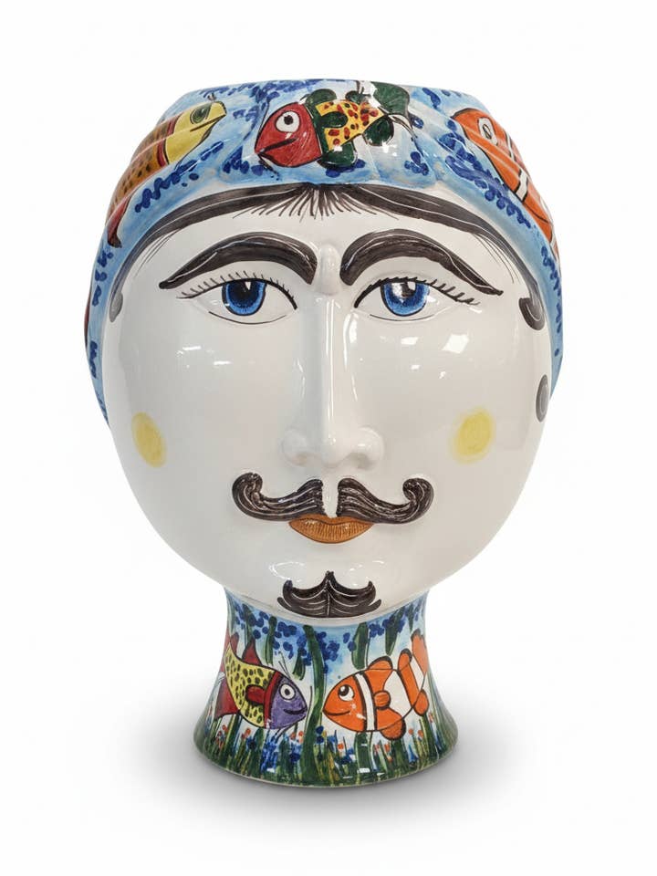 Moorish Heads "Gino & Fina" Caltagirone Ceramic H.40 cm L.30 cm Handmade Fish Decoration for wholesale by DD Ceramiche Siciliane