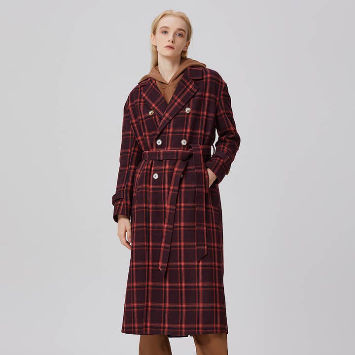 Double-breasted checked wool coat for wholesale by Smart and Joy