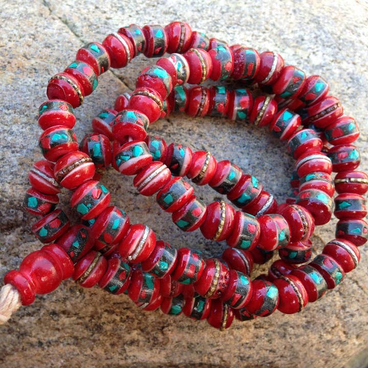 Red Yak Bone Mala With Turquoise, Coral & Copper 8mm for wholesale by Now N Zen