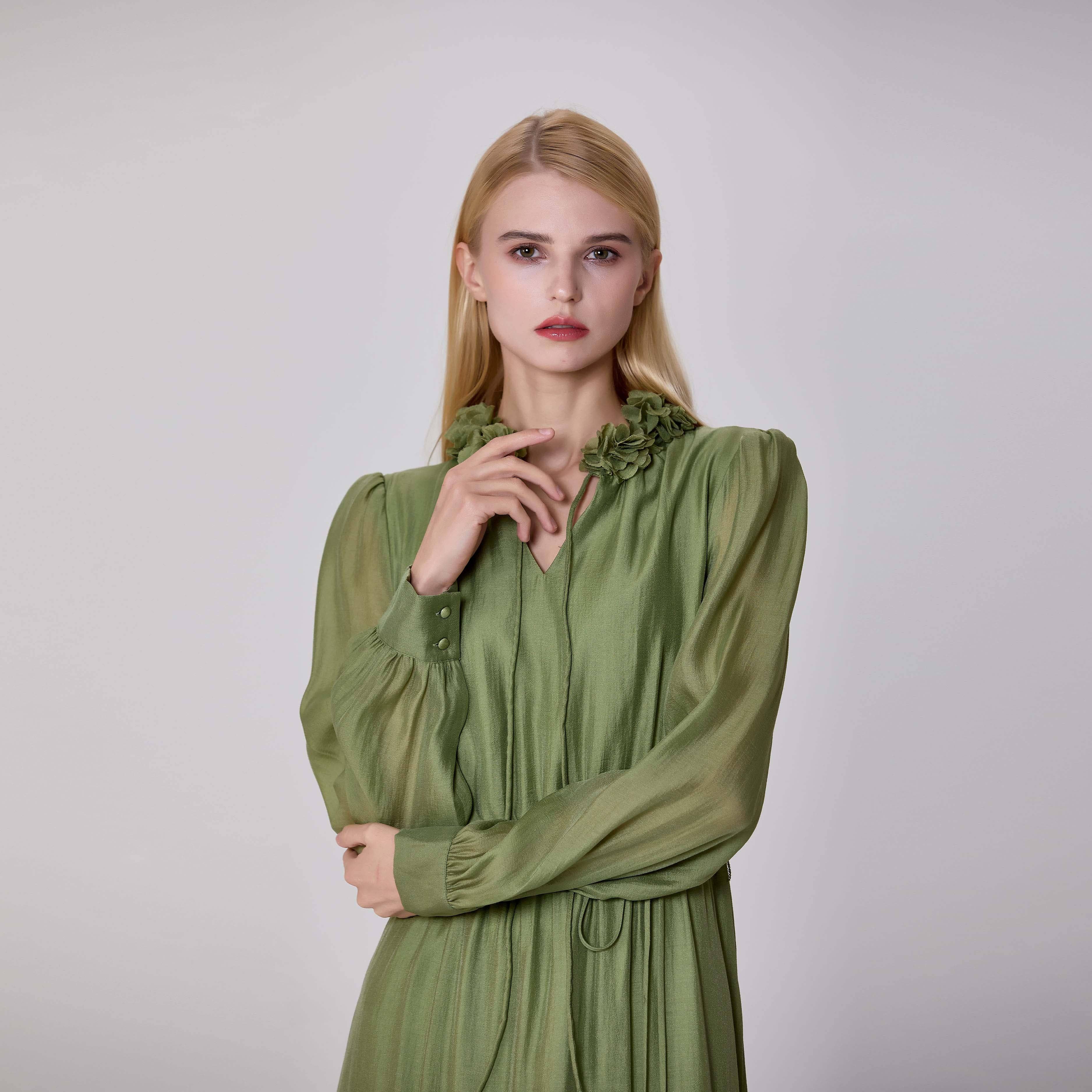 Green Ruffled shirt dress with layered inserts for wholesale on Faire1