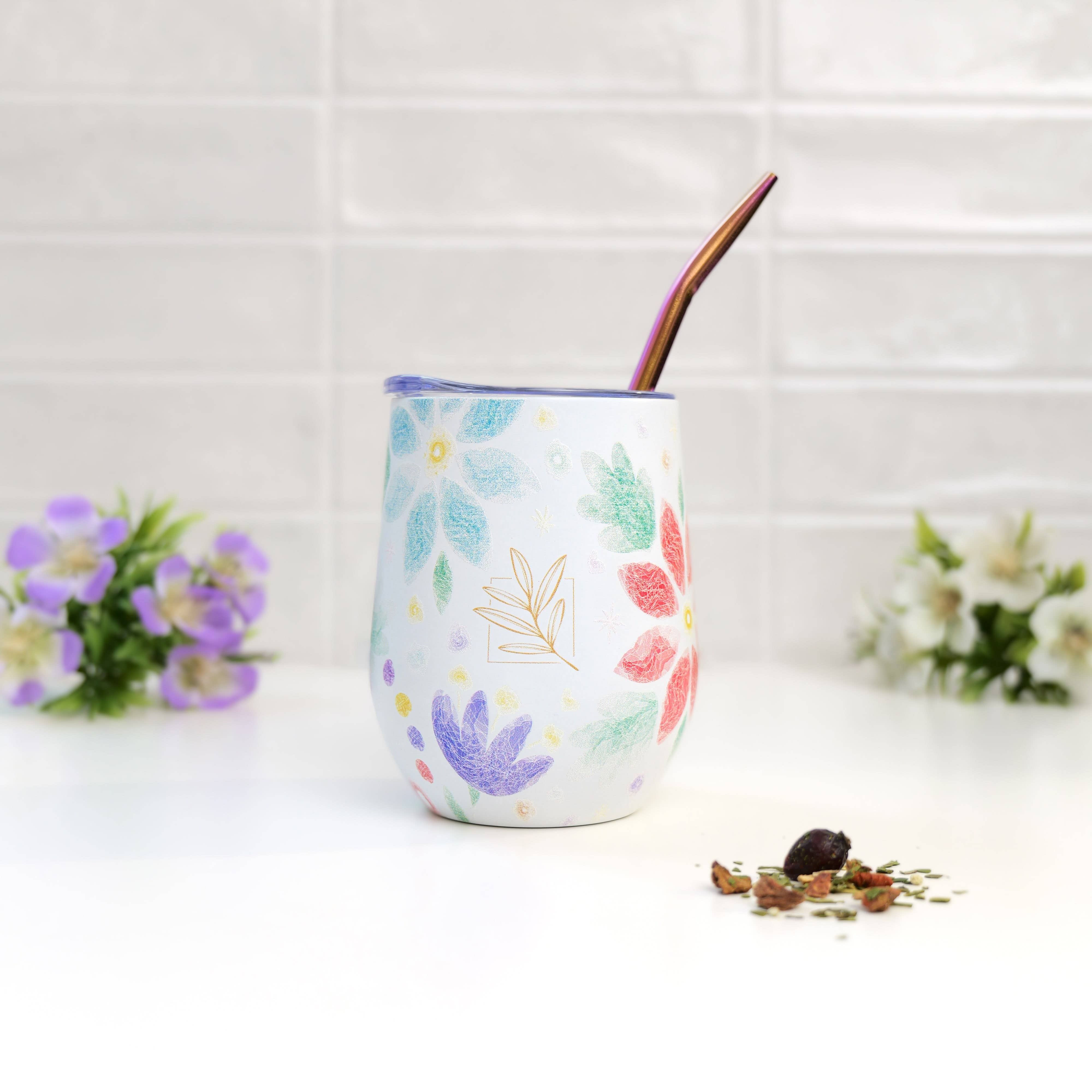 ORIGINAL MATE - Wholesale Insulated Mug/Tumbler - Floral insulated gourd and its bombilla5