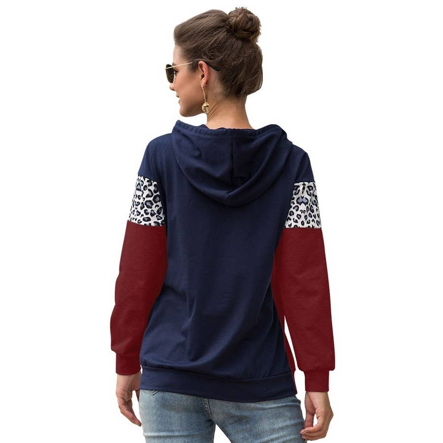 WINE V Neck Leopard Long Sleeve Patchwork Hoodie for wholesale on Faire1