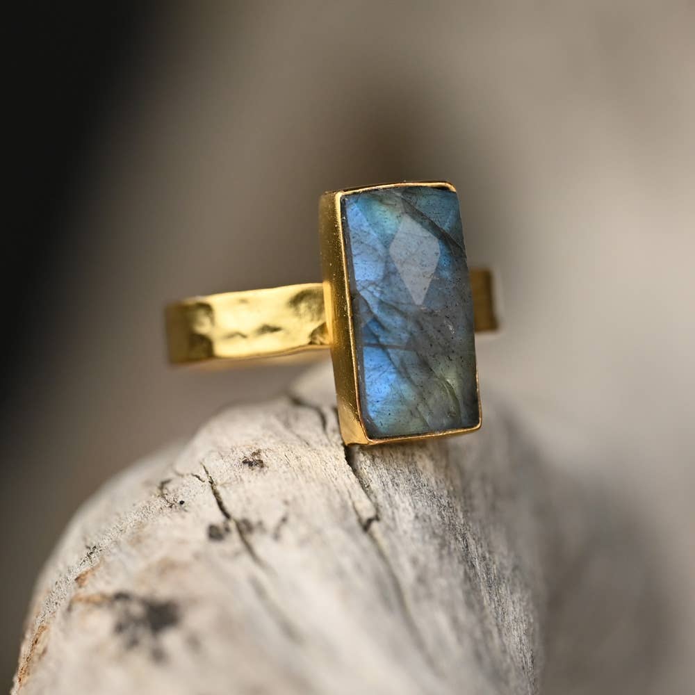 KBD Studio - Wholesale Cocktail/Statement Ring - Rectangle Labradorite  Ring on a Hand Hammered Band4