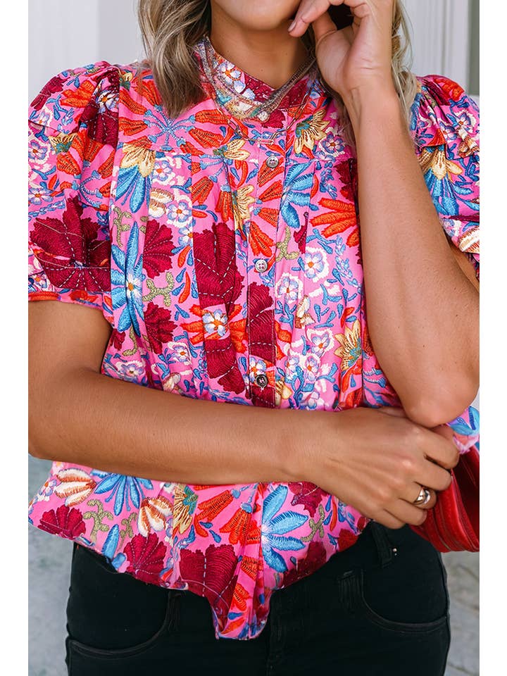 Pink LDC Floral Print Bubble Sleeve Button Up Pleated Shirt for wholesale on Faire