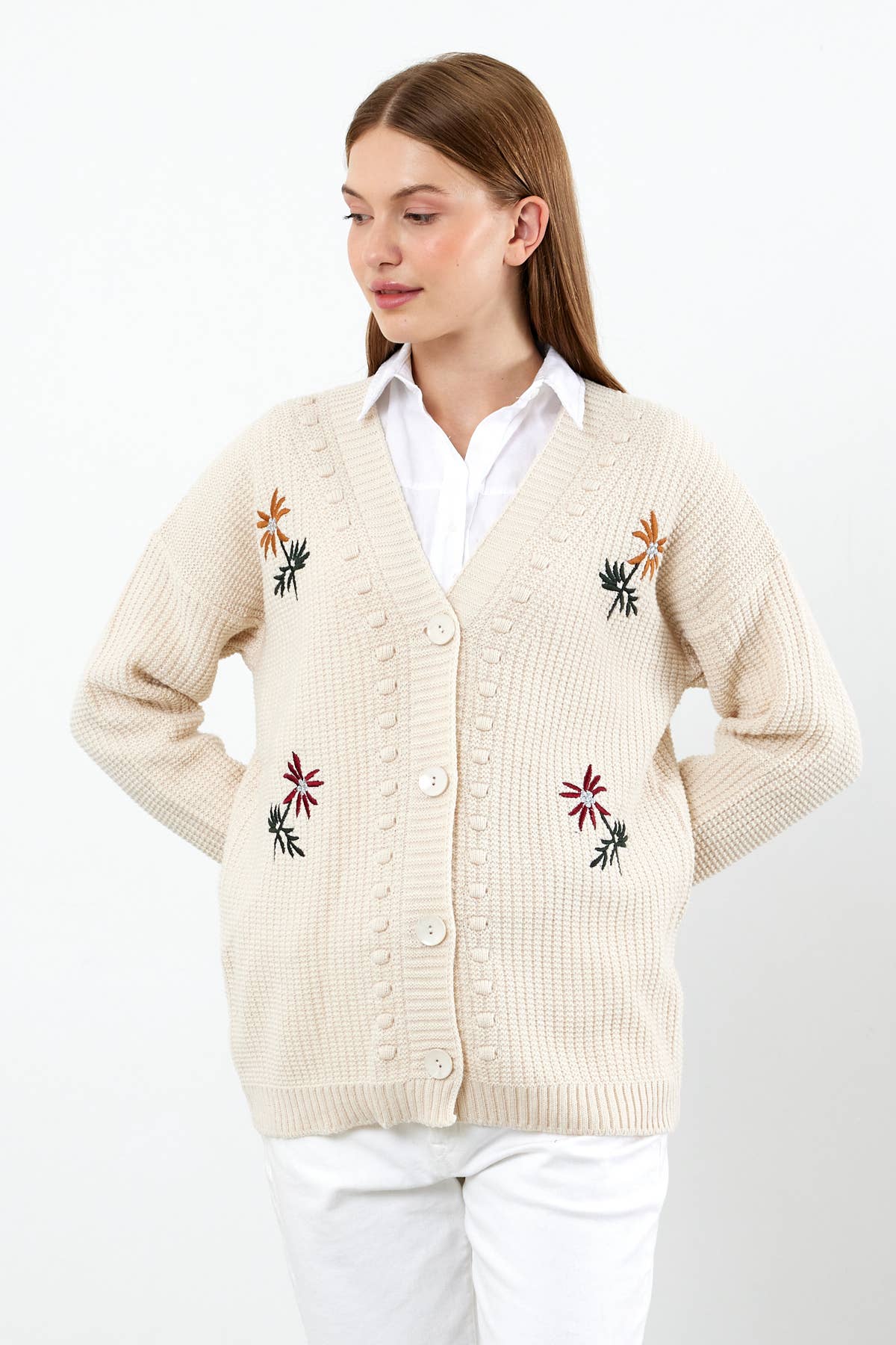 VAV NEW YORK - Vente Cardigan – femme - Cardigan en tricot à fleurs Cardigan en tricot mi-long - 381015