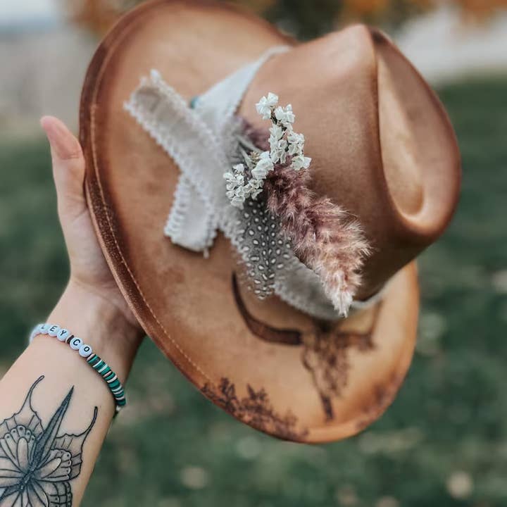 River Valley Co. - Wholesale Fedora - Women's - Longhorn Floral Skull Hand Burned Custom Wide Brim Fedora1