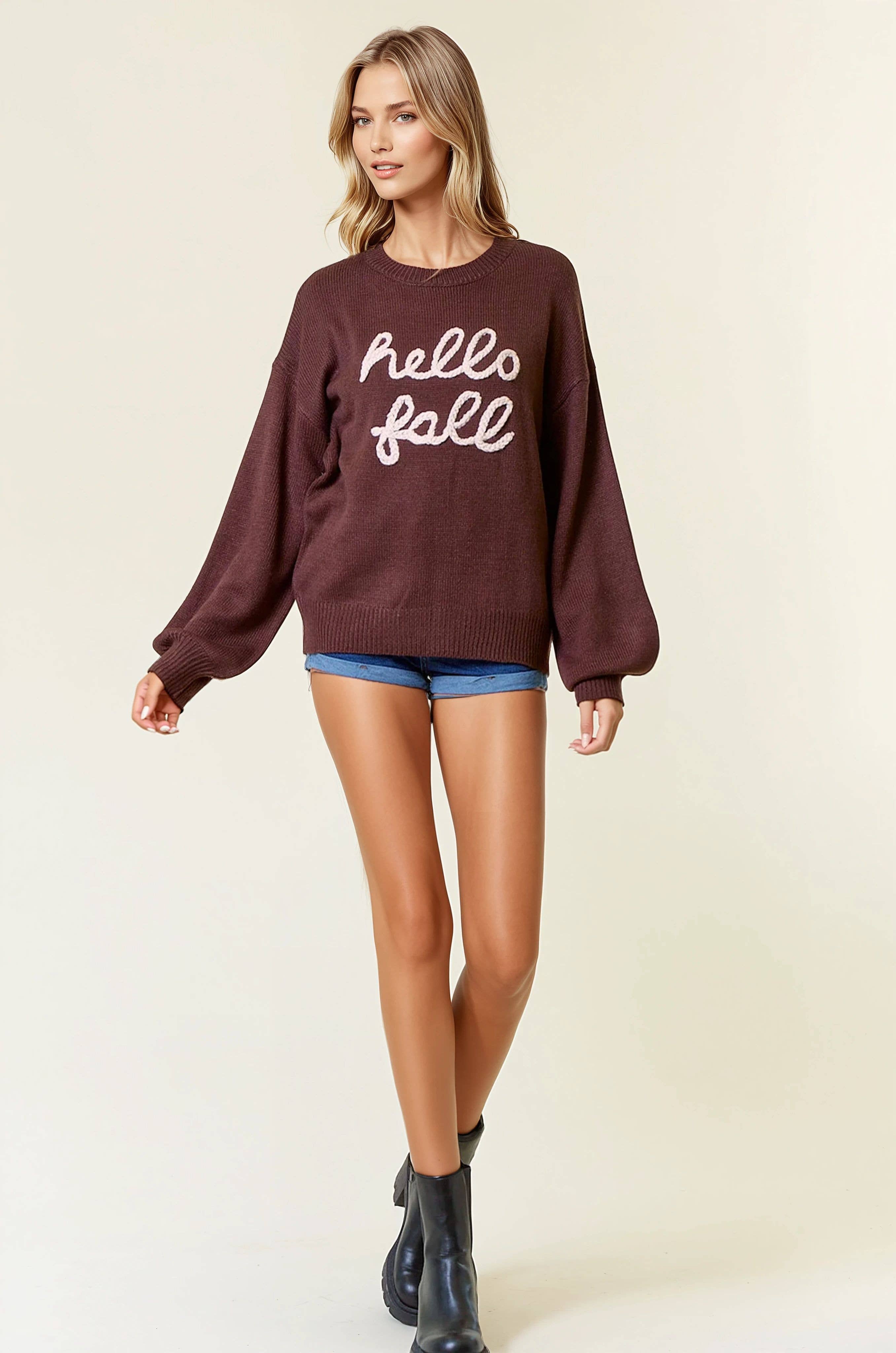 Doe and Rae - Wholesale Knit Sweater - Women's - HELLO FALL Letter Embroidered Oversize Sweater - 43995T-24
