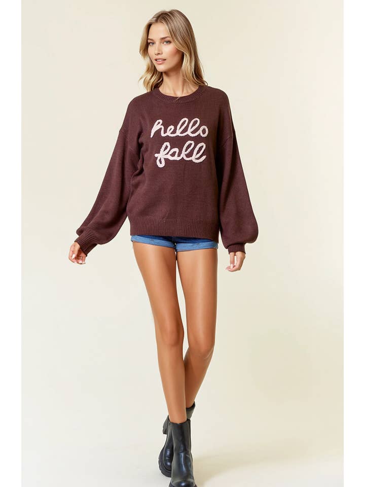 Doe and Rae - Wholesale Knit Sweater - Women's - HELLO FALL Letter Embroidered Oversize Sweater - 43995T-24
