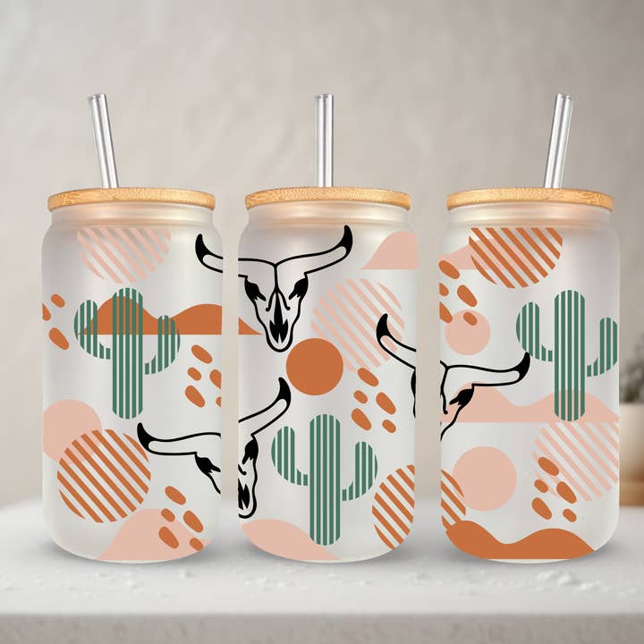 SKS Design Studio - Wholesale Drinking Glass/Cup - Western | 20 oz Glass Tumbler with Bamboo Lid & Straw