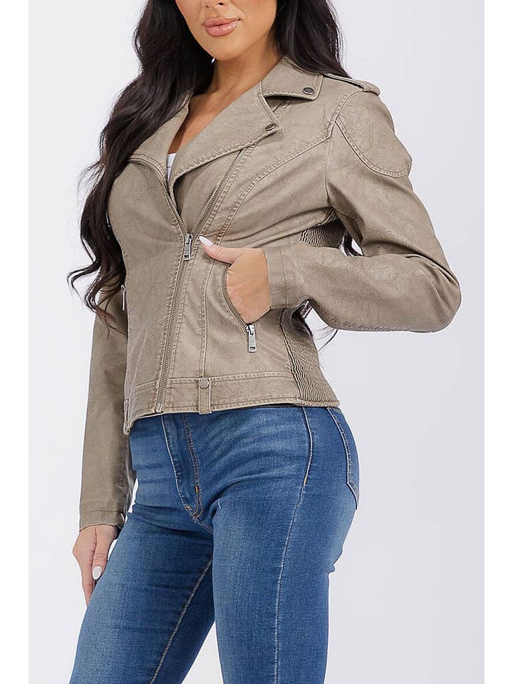 ROUSSEAU - Wholesale Leather Jacket - Women's - SOLID PU PLEATHER ZIP UP DRAPED MOTO JACKET3