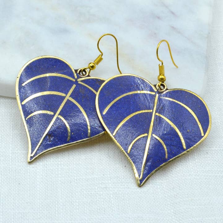 Leaf Lapis Brass Earrings for wholesale by Didi Bahini Fair Trade